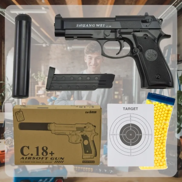 PISTOLET NA KULKI BERETTA REPLIKA METAL ASG TŁUMIK